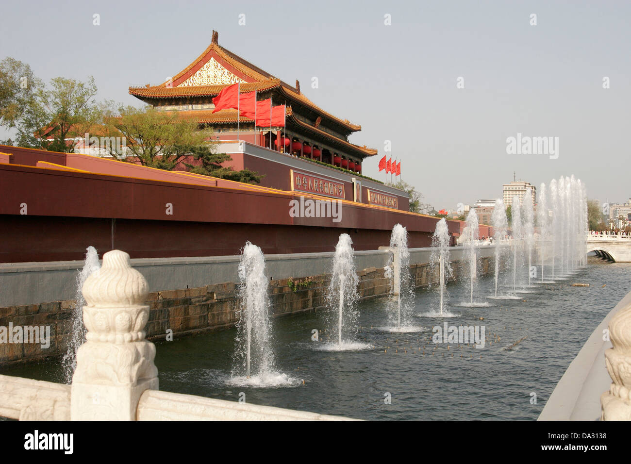 Fountains in front of the Gate of Heavenly Peace,  entrance to Forbidden City, Tiananmen Square, Beijing, China Stock Photo