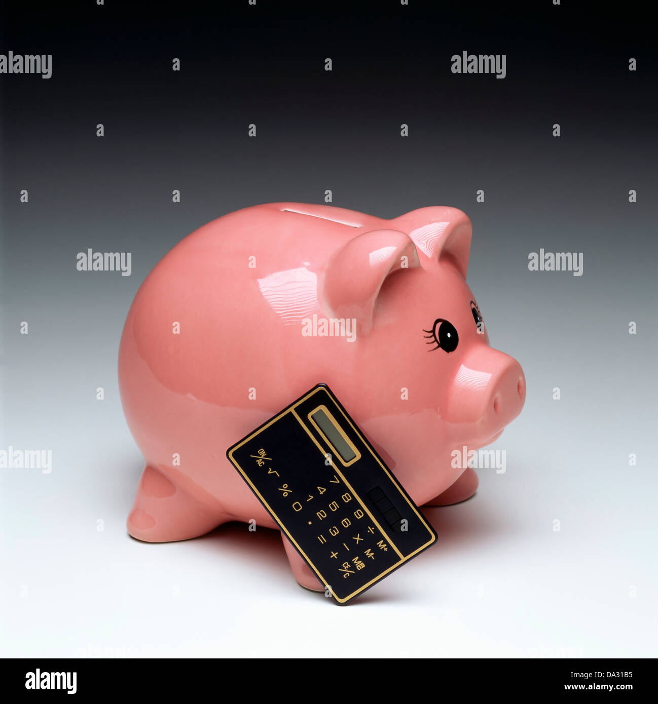 Pink piggy bank and calculator Stock Photo