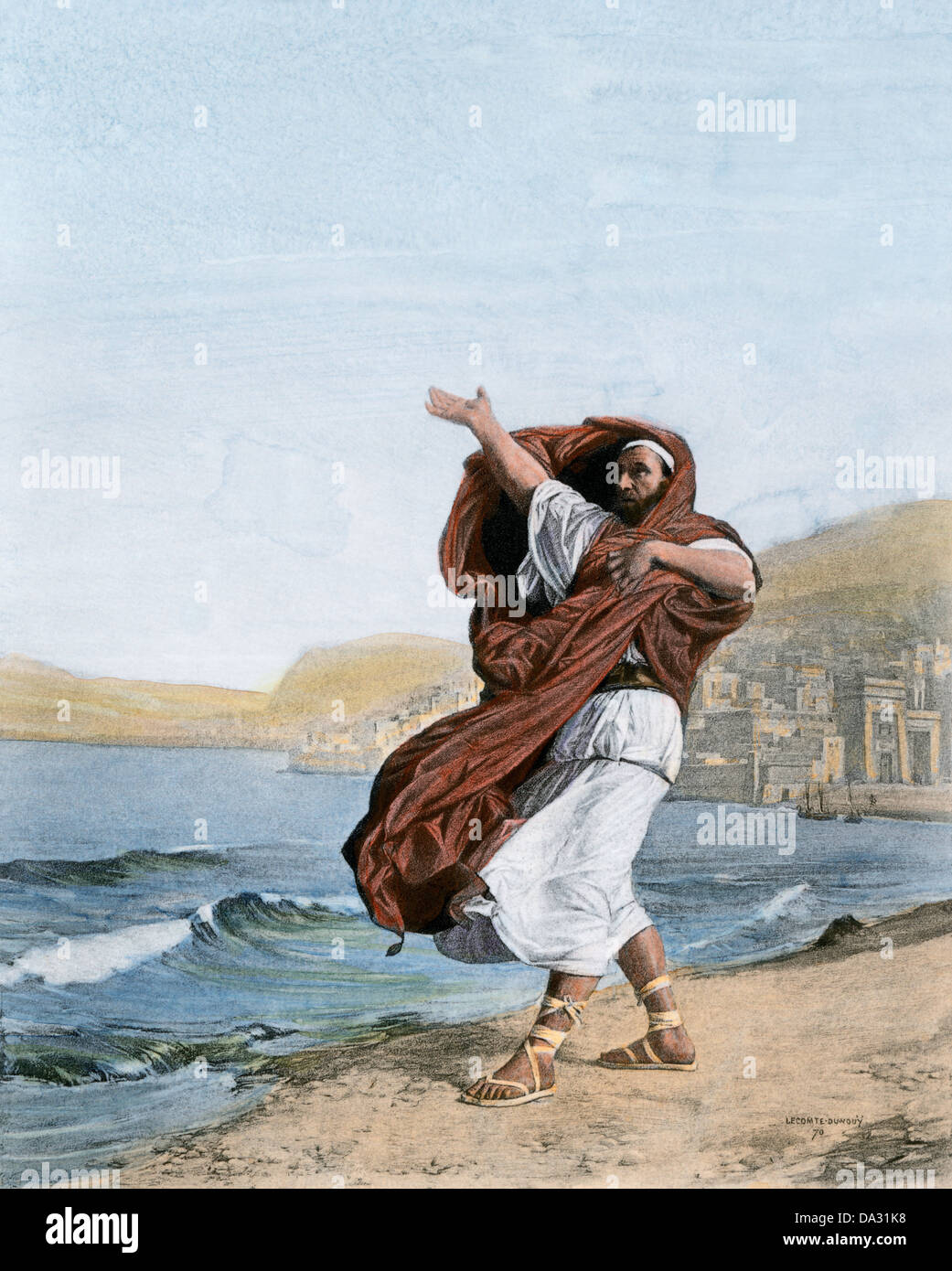 Demosthenes practicing oratory on the seacoast of ancient Greece. Hand-colored photogravure of an illustration by Jules Lecomte du Nouy Stock Photo