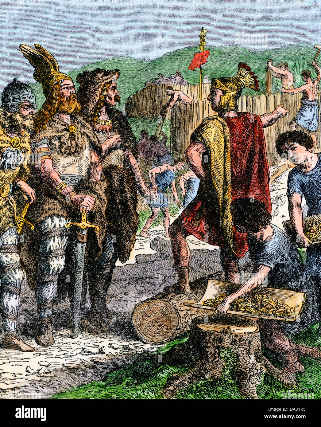 Roman general Flavius Stilicho confronts Radagaisus, Ostrogoth leader, at Fiesole in 406 AD. Hand-colored woodcut Stock Photo