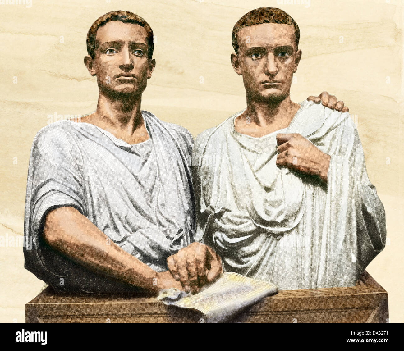 Tiberius and Gaius Gracchus, Roman tribunes known as The Gracchi, 2nd century BC. Digitally colored halftone of a statue Stock Photo