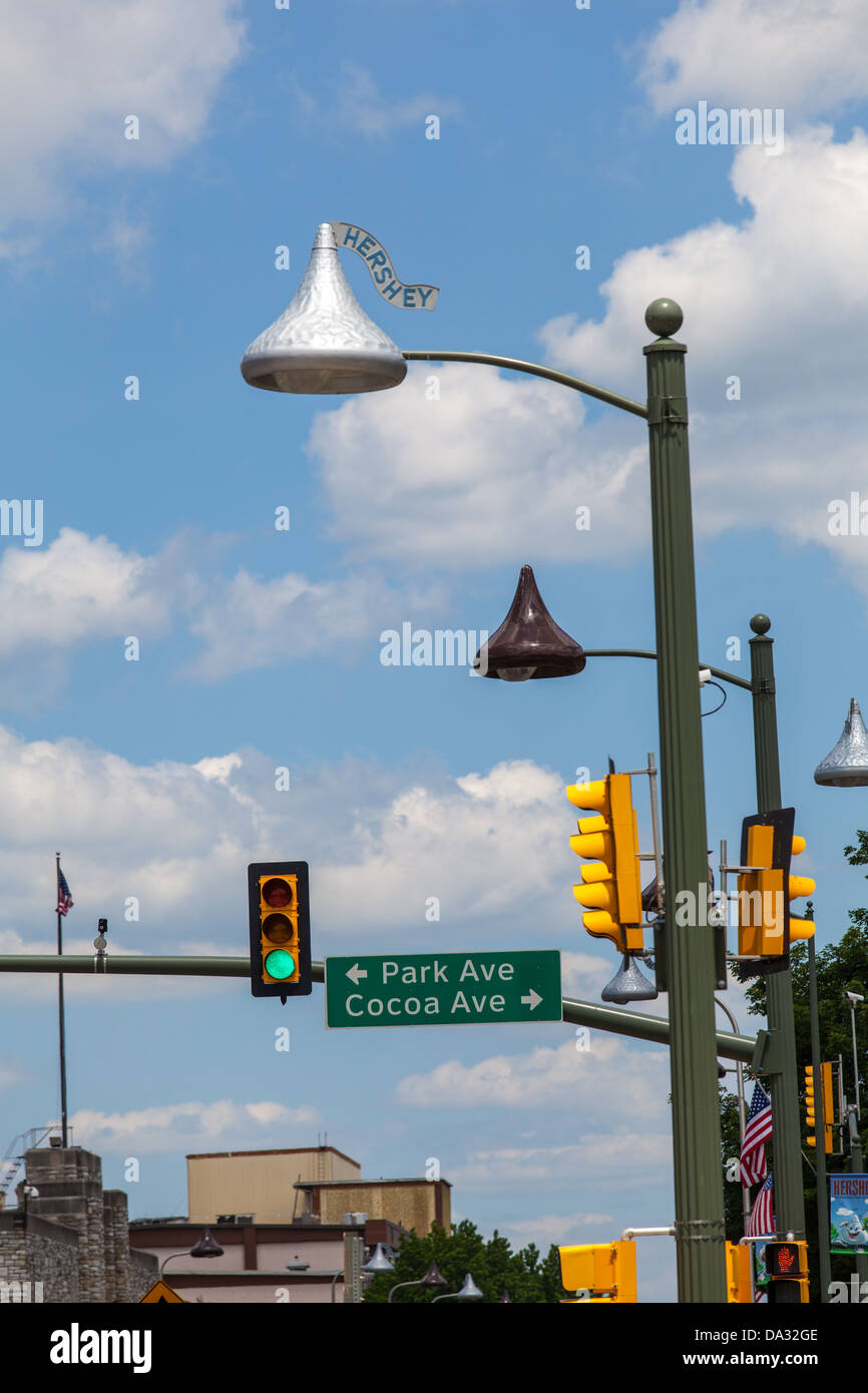 The street lights in Hershey, Pennsylvania are shaped like chocolate kisses. Stock Photo