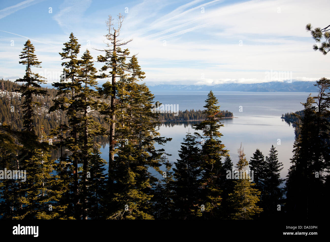 A view through the tress on lake Tahoe California USA Stock Photo