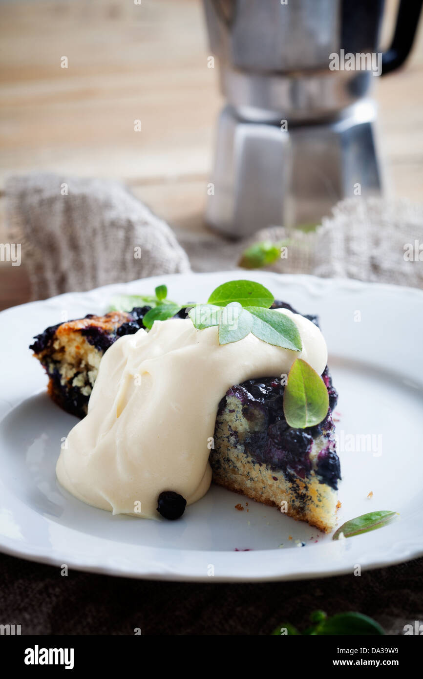 Homemade blueberry pie with whipped vanilla flavored cream Stock Photo