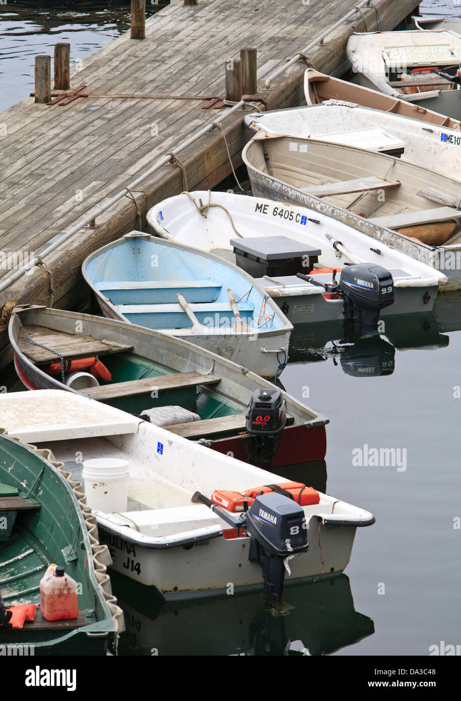 Small motorboats at dock, Bar Harbor, Maine. Stock Photo