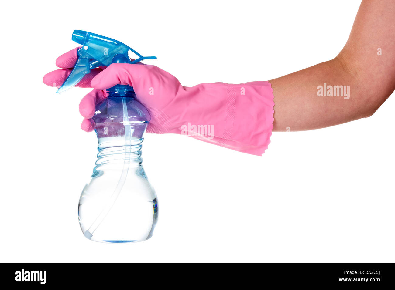 Hand in rubber glove holding plastic sprayer. Isolated on white ...