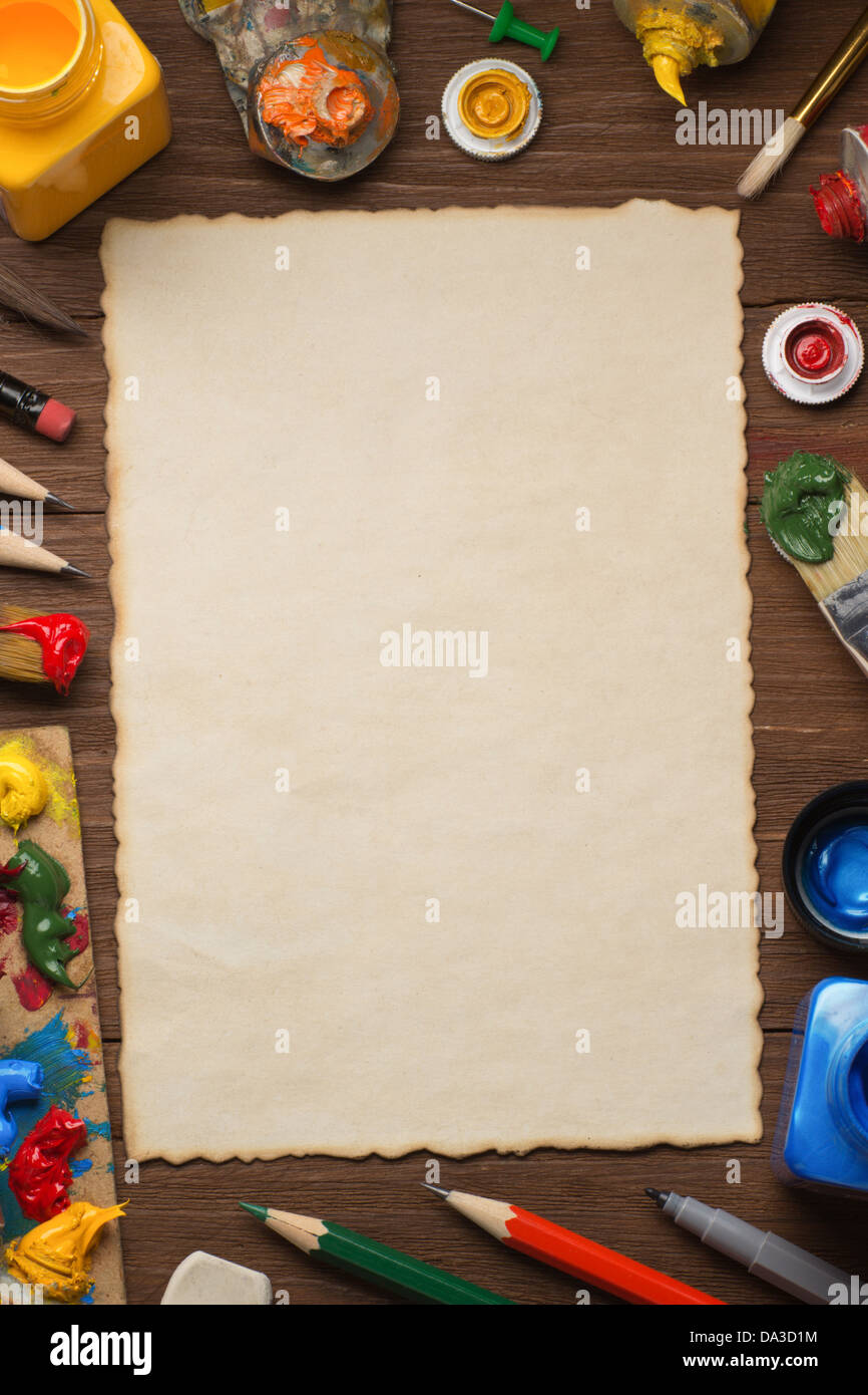brush and painting on wood background Stock Photo - Alamy