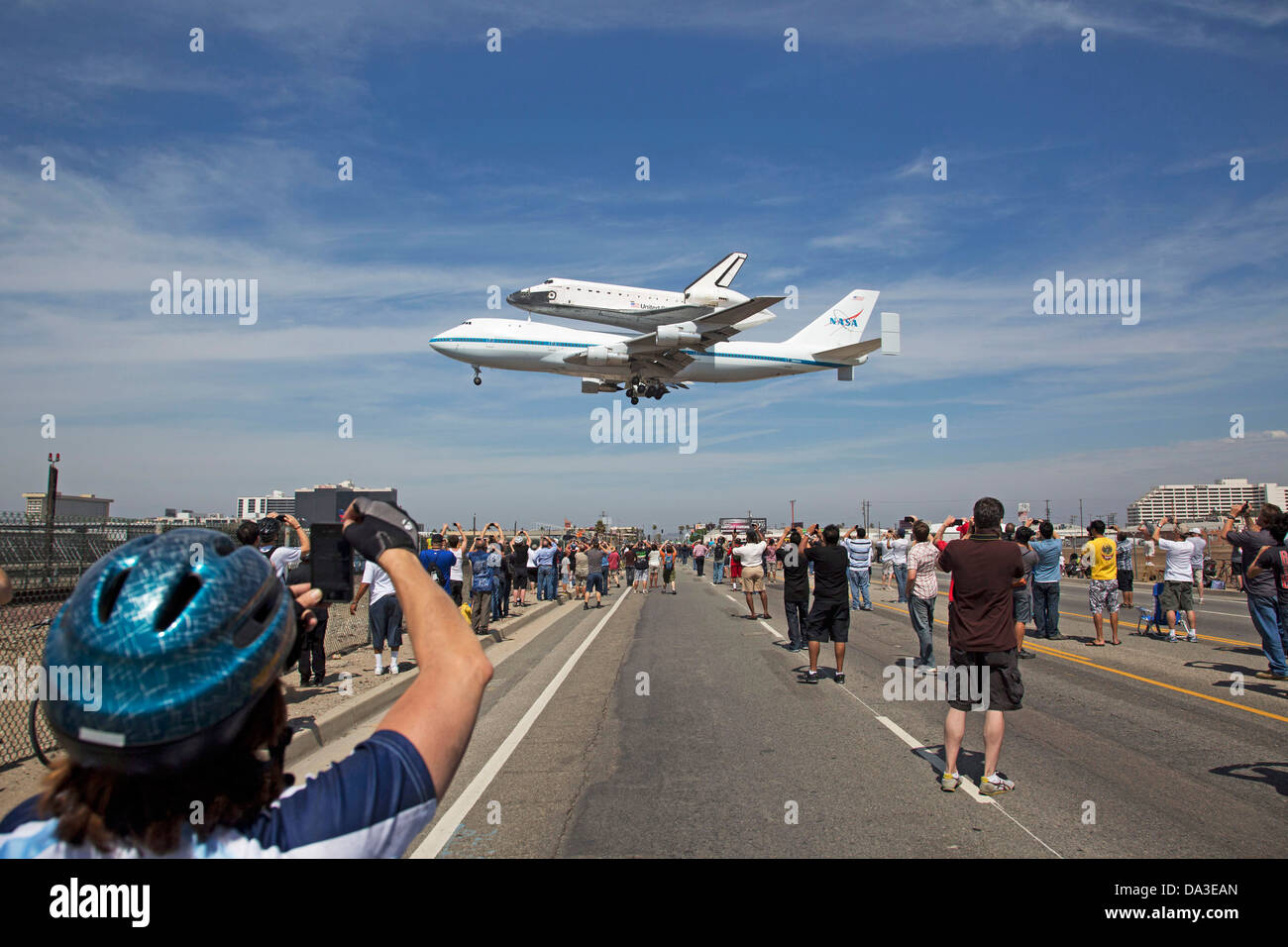 Space Shuttle Endeavour atop Shuttle Carrier Aircraft SCA lands at Los Angeles International Airport Stock Photo