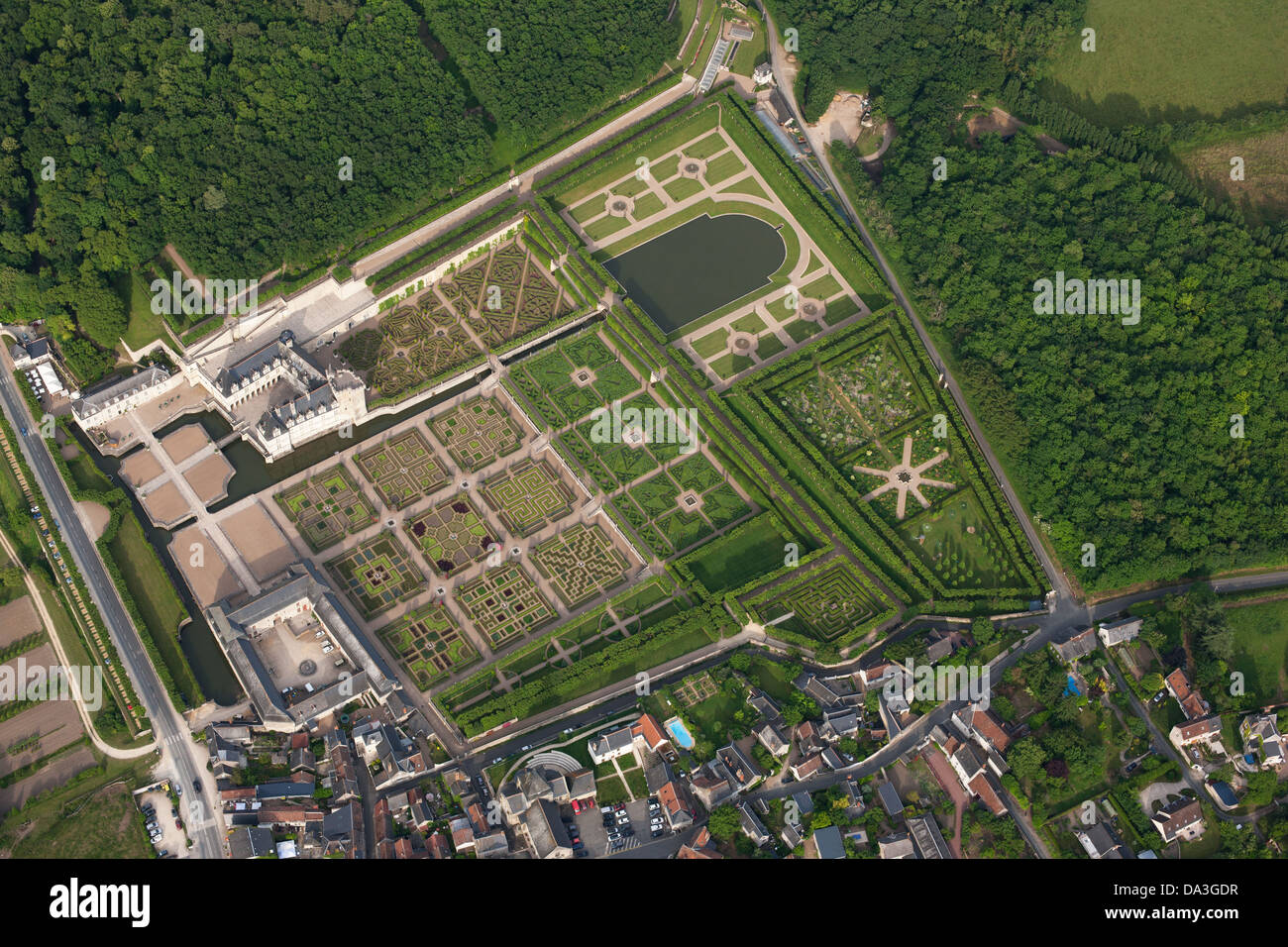 AERIAL VIEW. Castle and Gardens of Villandry. Indre-et-Loire, Centre-Val de Loire, France. Stock Photo