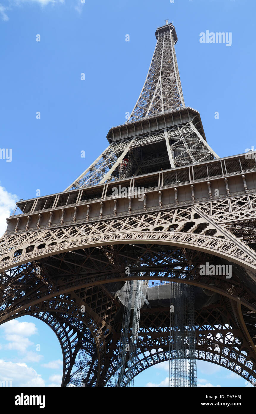 The Eiffel Tower is an iron lattice tower located on the Champ de Mars in Paris, named after the engineer Gustave Eiffel. Space for copy Stock Photo