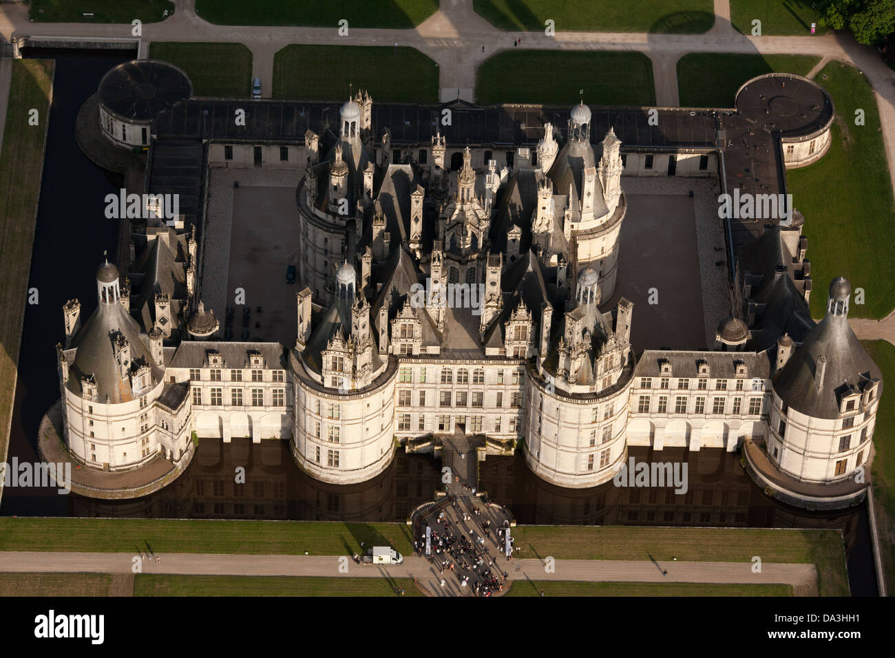 AERIAL VIEW. Chambord Castle. A UNESCO world heritage site. Loir-et-Cher, Centre-Val de Loire, France. Stock Photo