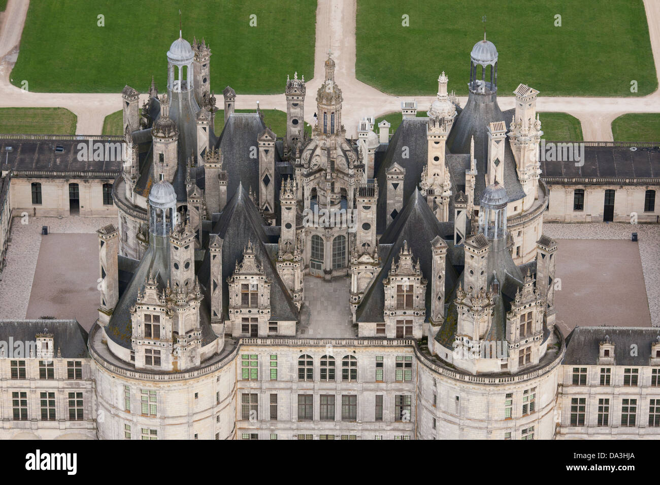 AERIAL VIEW. Detail of Chambord Castle's roof and chimneys. A UNESCO world heritage site. Loir-et-Cher, Centre-Val de Loire, France. Stock Photo