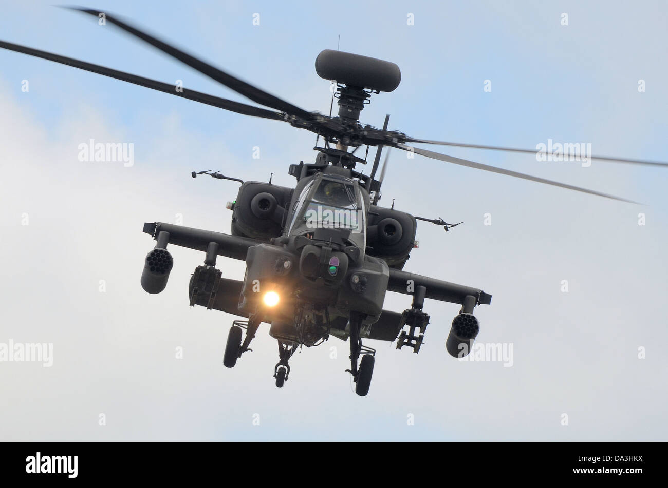 Boeing AH-64 Apache attack helicopter of the British Army. This head-on shot shows some of the armament. Space for copy Stock Photo