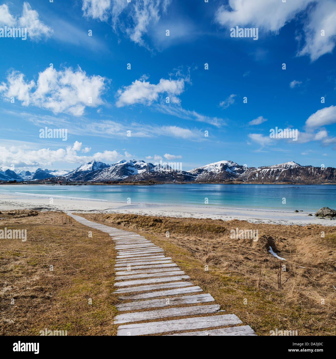 Wooden walkway leading to Ramberg Beach, Ramberg, Flakstadoy, Lofoten Islands, Norway Stock Photo