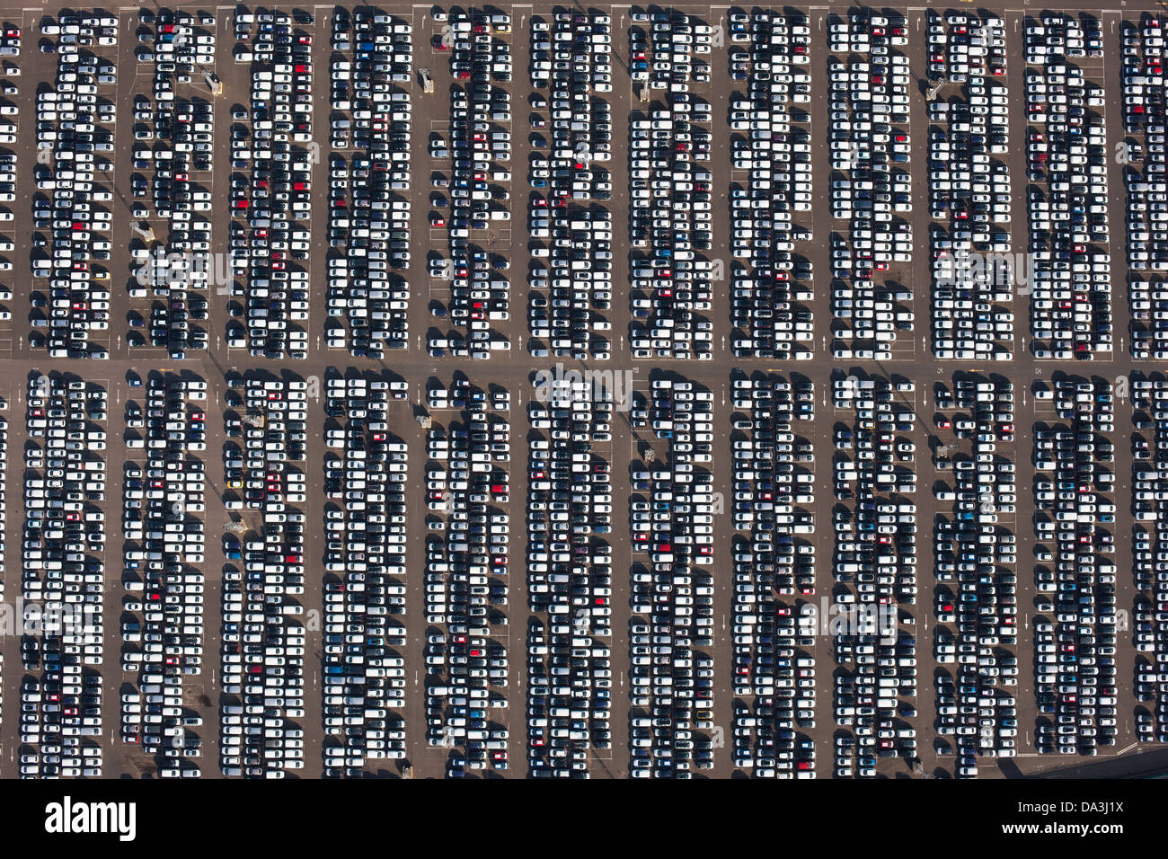 VERTICAL AERIAL VIEW. Car depository. Sheerness, Isle of Sheppey, Kent, England, Great Britain, United Kingdom. Stock Photo