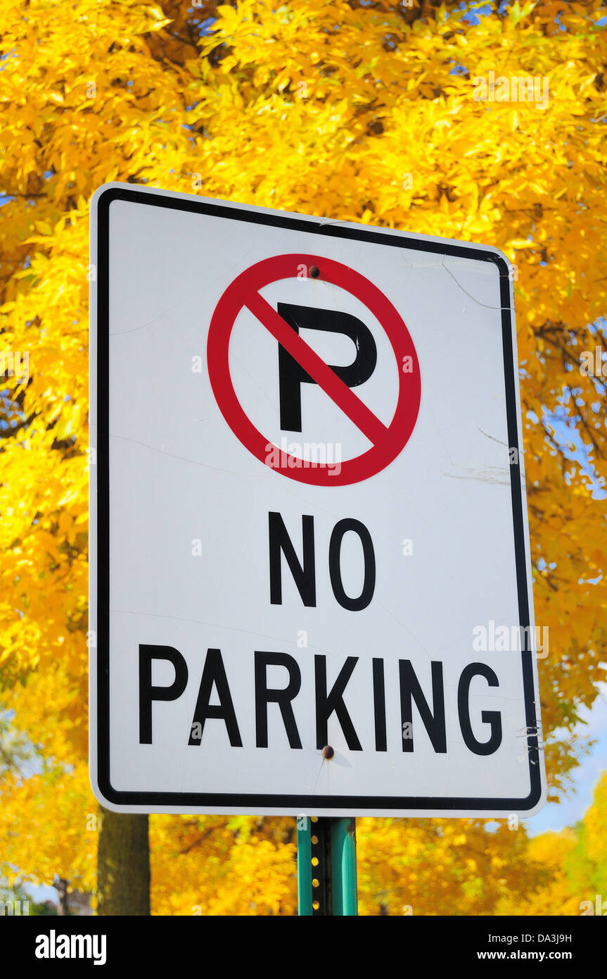 No Parking Sign warning street sign golden tree autumn. Bartlett, Illinois, USA. Stock Photo