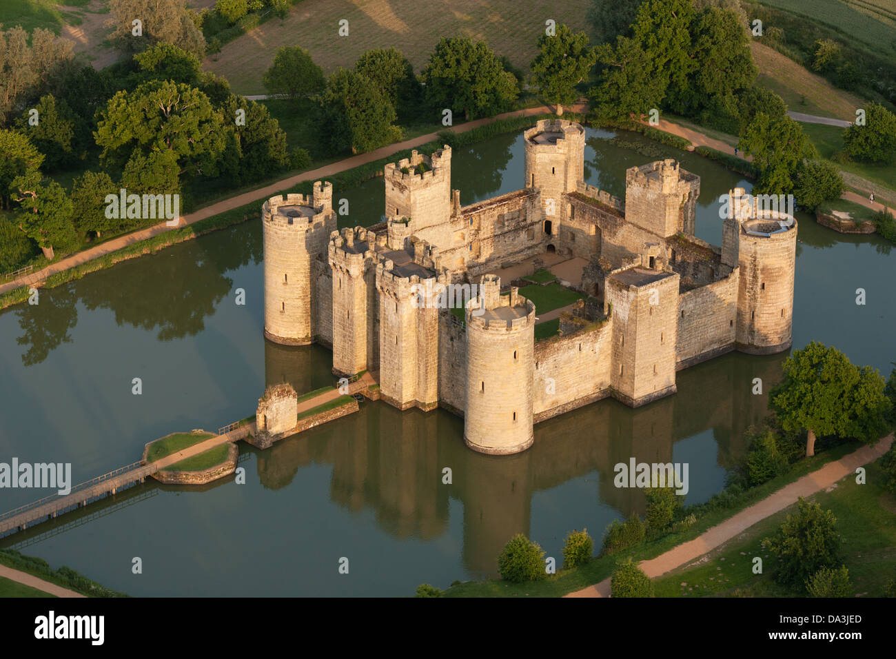 AERIAL VIEW. Abandoned medieval castle of Bodiam. East Sussex, England, Great Britain, United Kingdom. Stock Photo