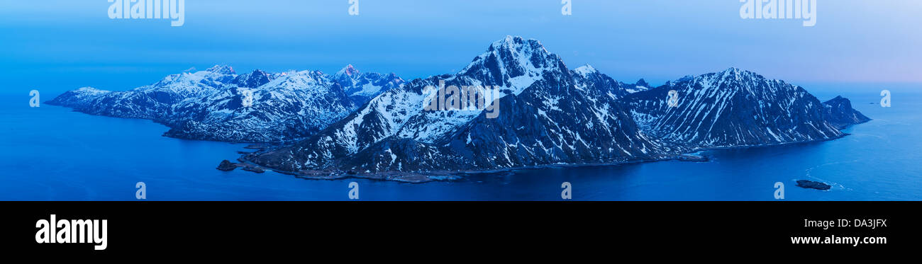 Panoramic view of Flakstadoy and Nappstraumen from summit of Offersoykammen, Lofoten Islands, norway Stock Photo