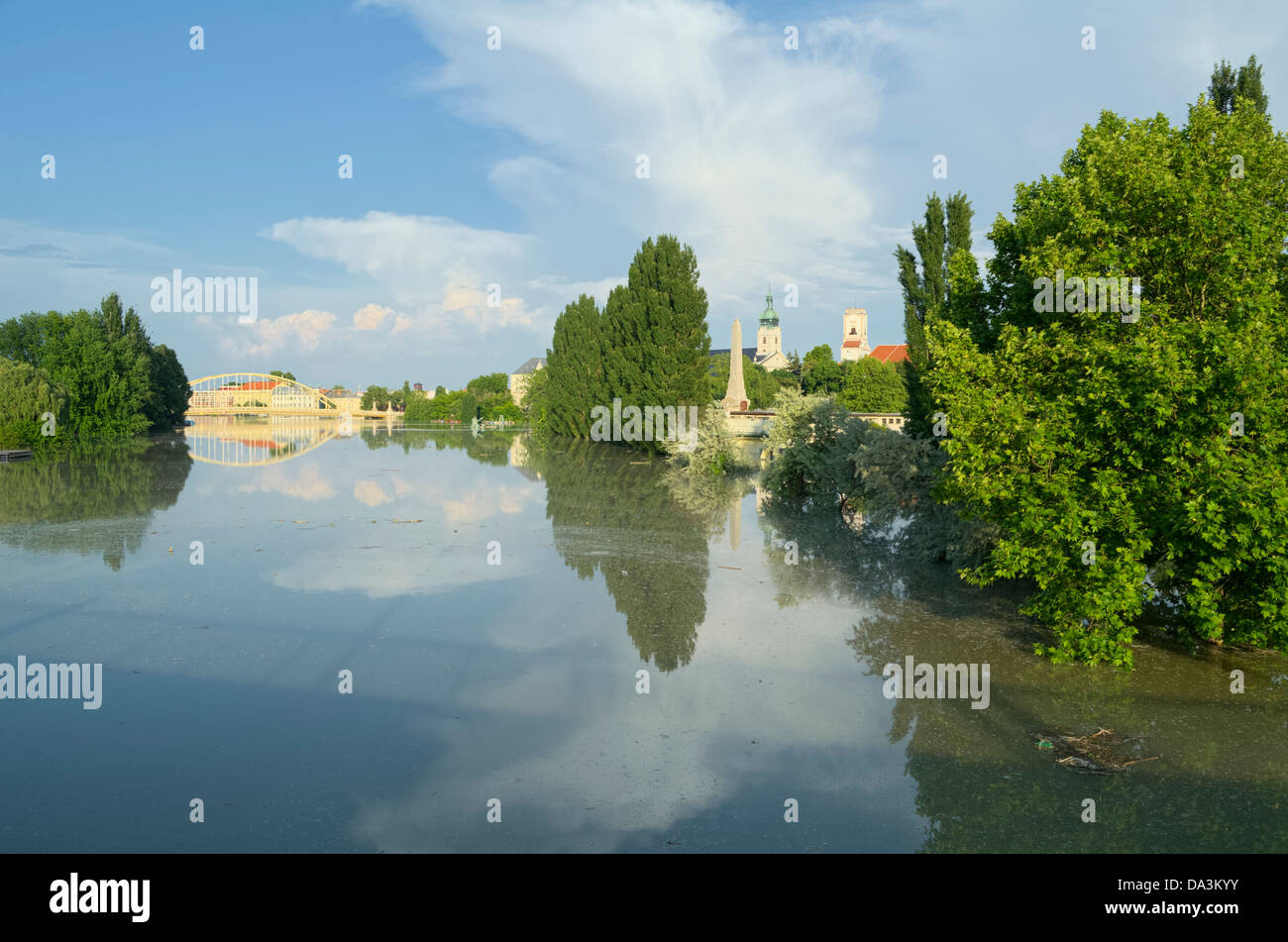 View of Flooded Gyor Town at Sunset When Danube River Reached the Maximum Water Level Stock Photo