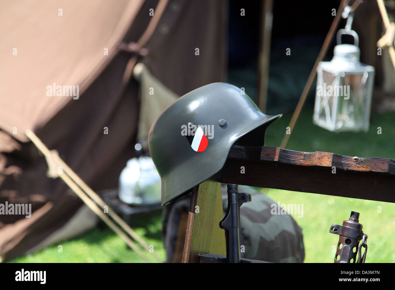 Stahlhelm German helmet hanging on chair Dr. Friedrich Schwerd Stock Photo