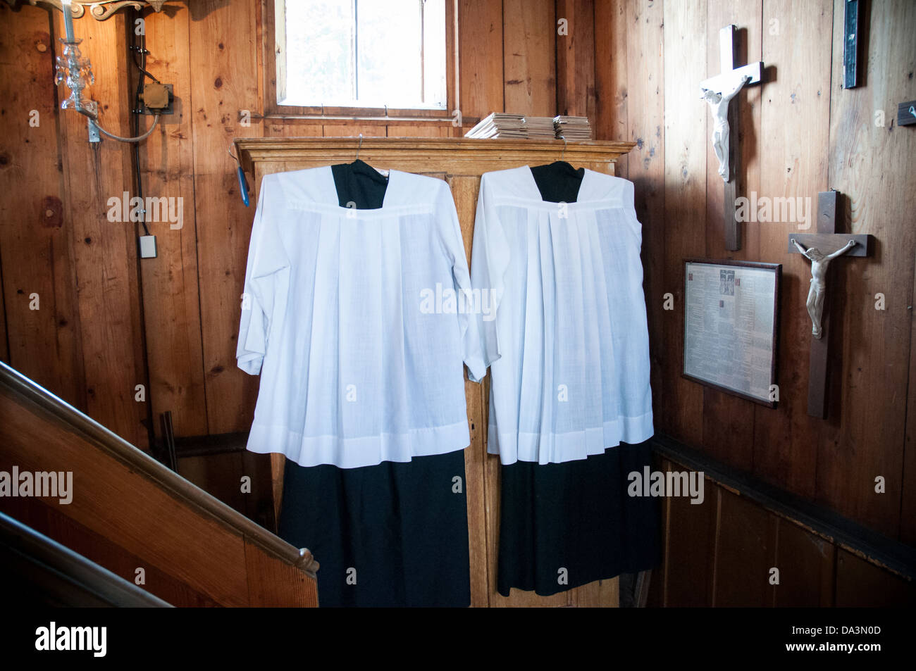 priest's props and clothes prepared for the holy mass in the church Stock Photo