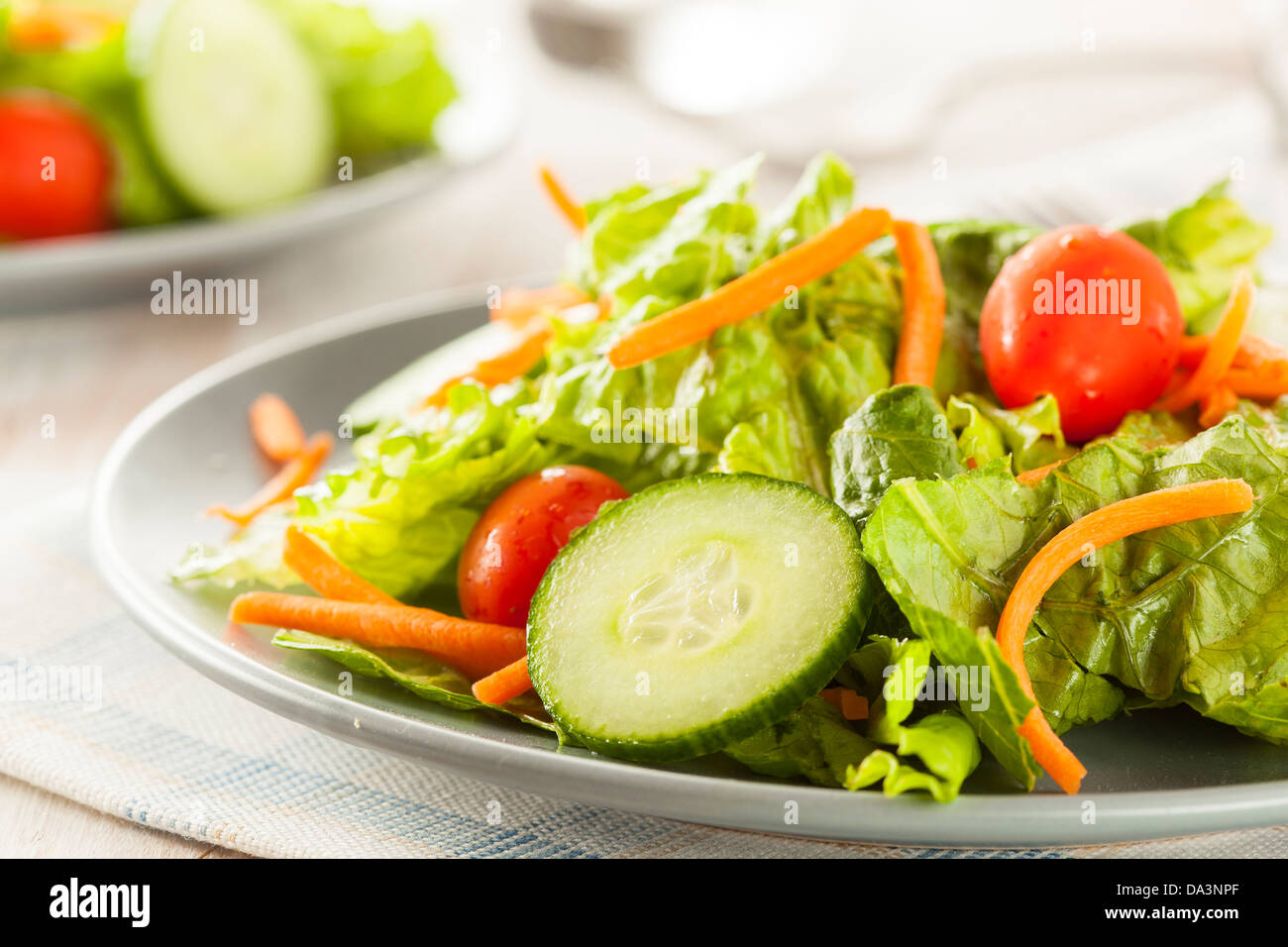 Fresh Organic Green Salad with Carrots and Cucumbers Stock Photo