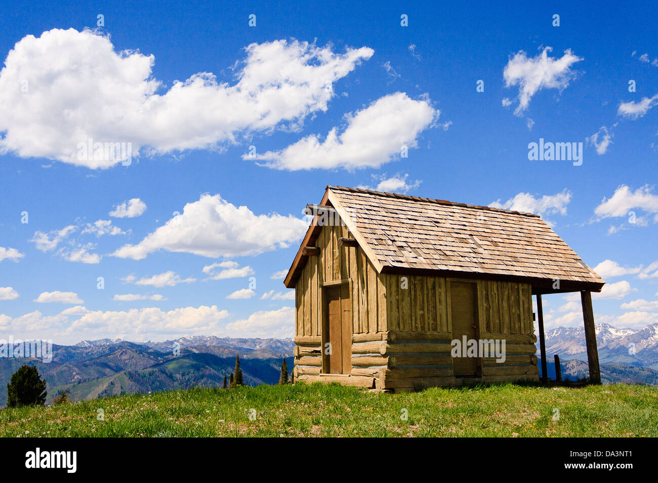 Small rustic log cabin at summit of Bald Mountain in Sun Valley, Idaho