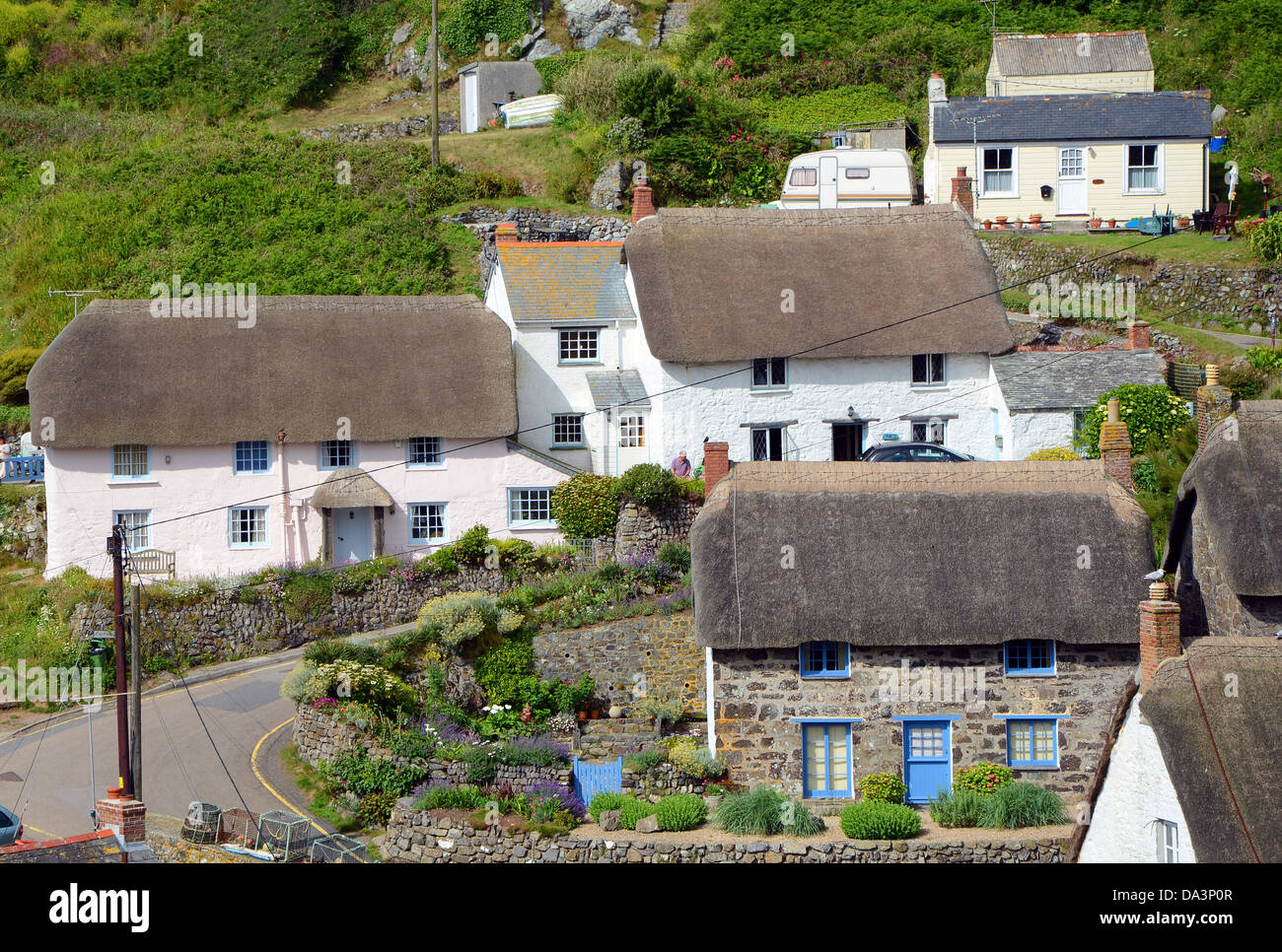 Thatched cottages at Cadgwith in Cornwall, UK Stock Photo