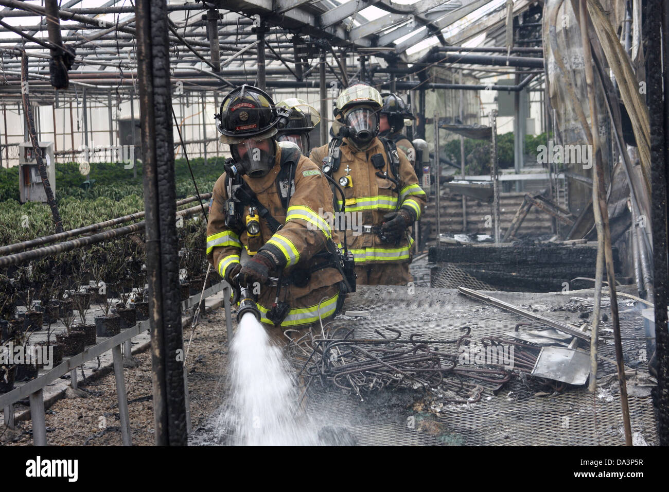 Firefighters working a scene to douse a fire in a greenhouse. Burnt ...