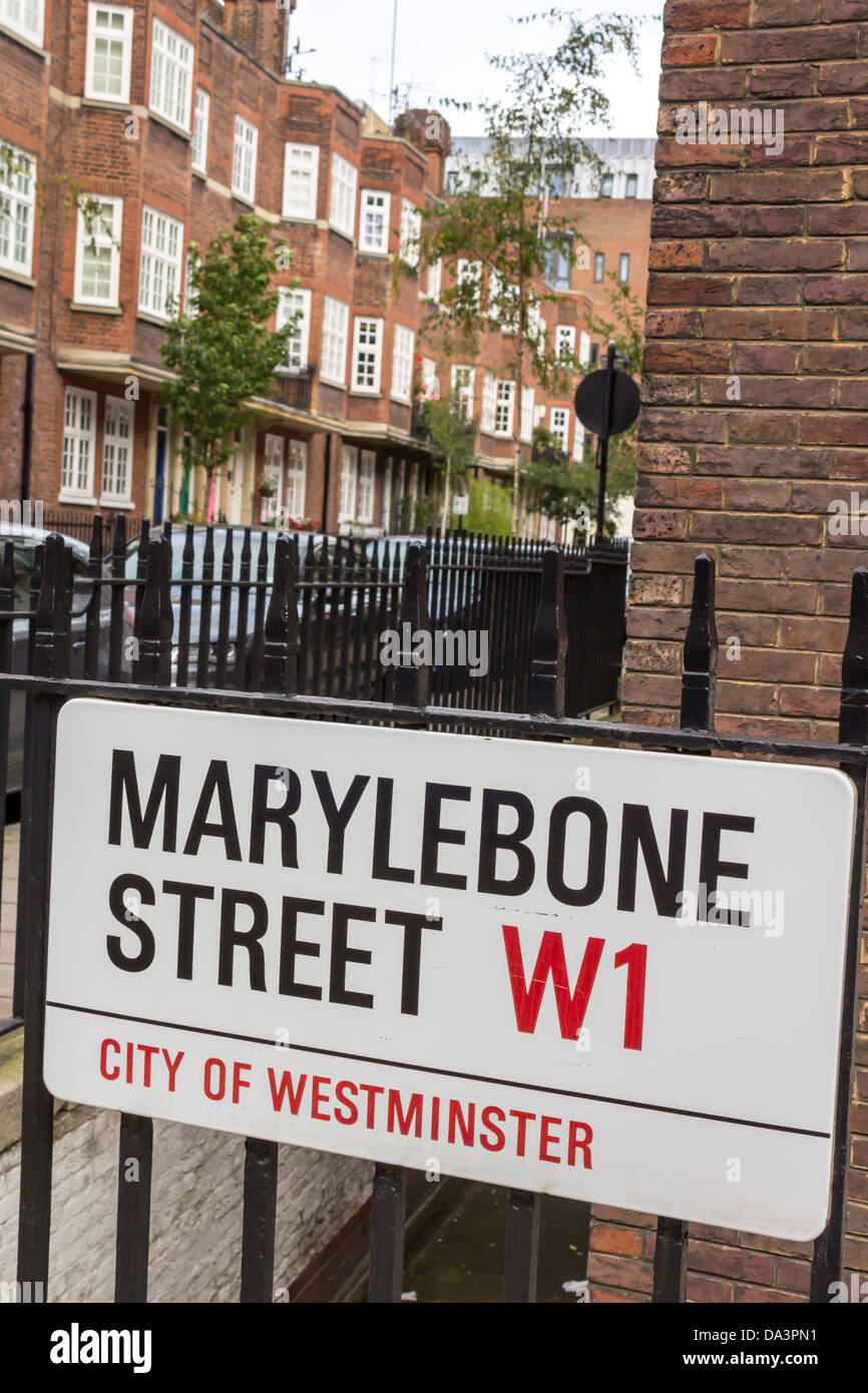 Marylebone Street Sign on a Fence, Westminster, London Stock Photo