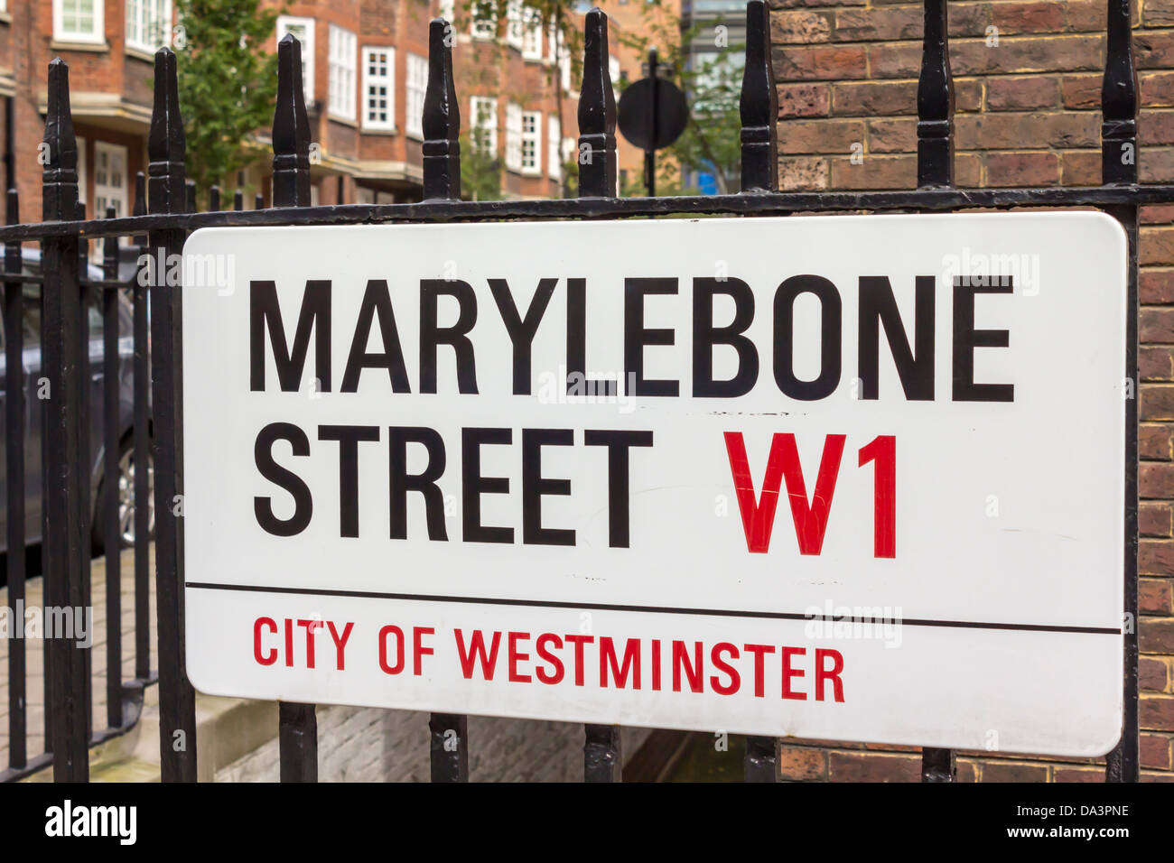 Marylebone Street Sign on a Fence, Westminster, London Stock Photo