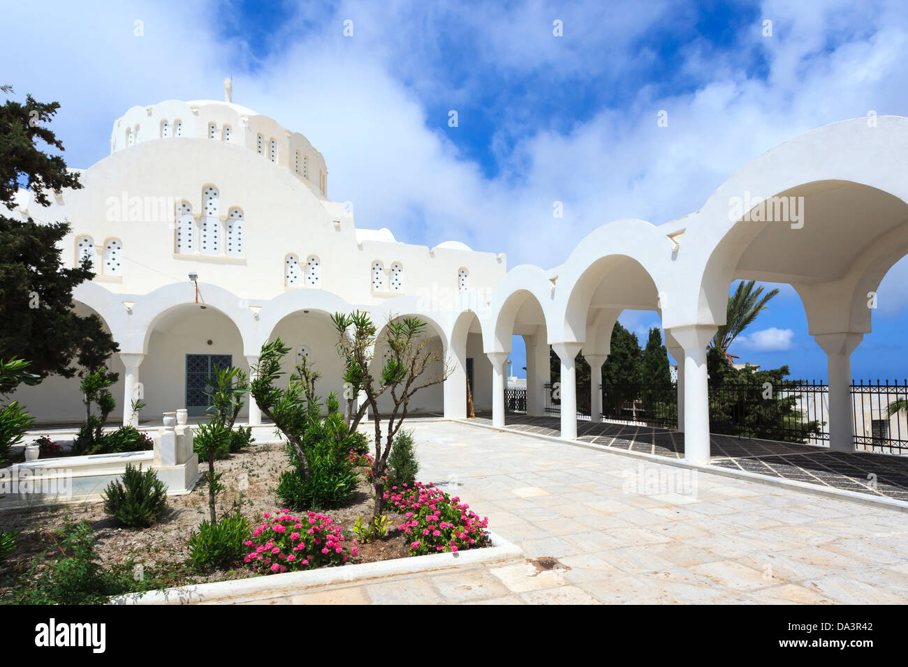 The garden at Fira Orthodox Cathedral, Santorini Greece Stock Photo