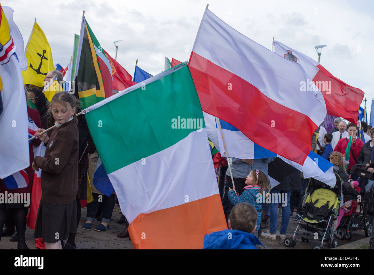 Participants of the Parade of Flags and Emblems in Dún Laoghaire, Ireland, shortly before the