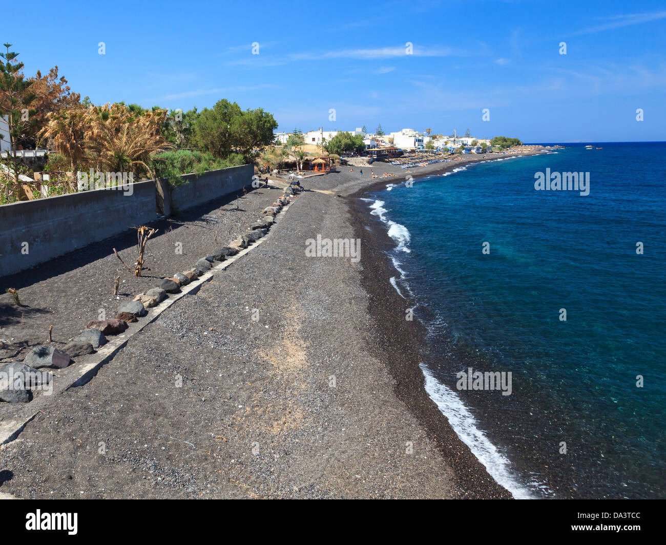 The black volcanic beach at Kamari Santorini Greece Stock Photo