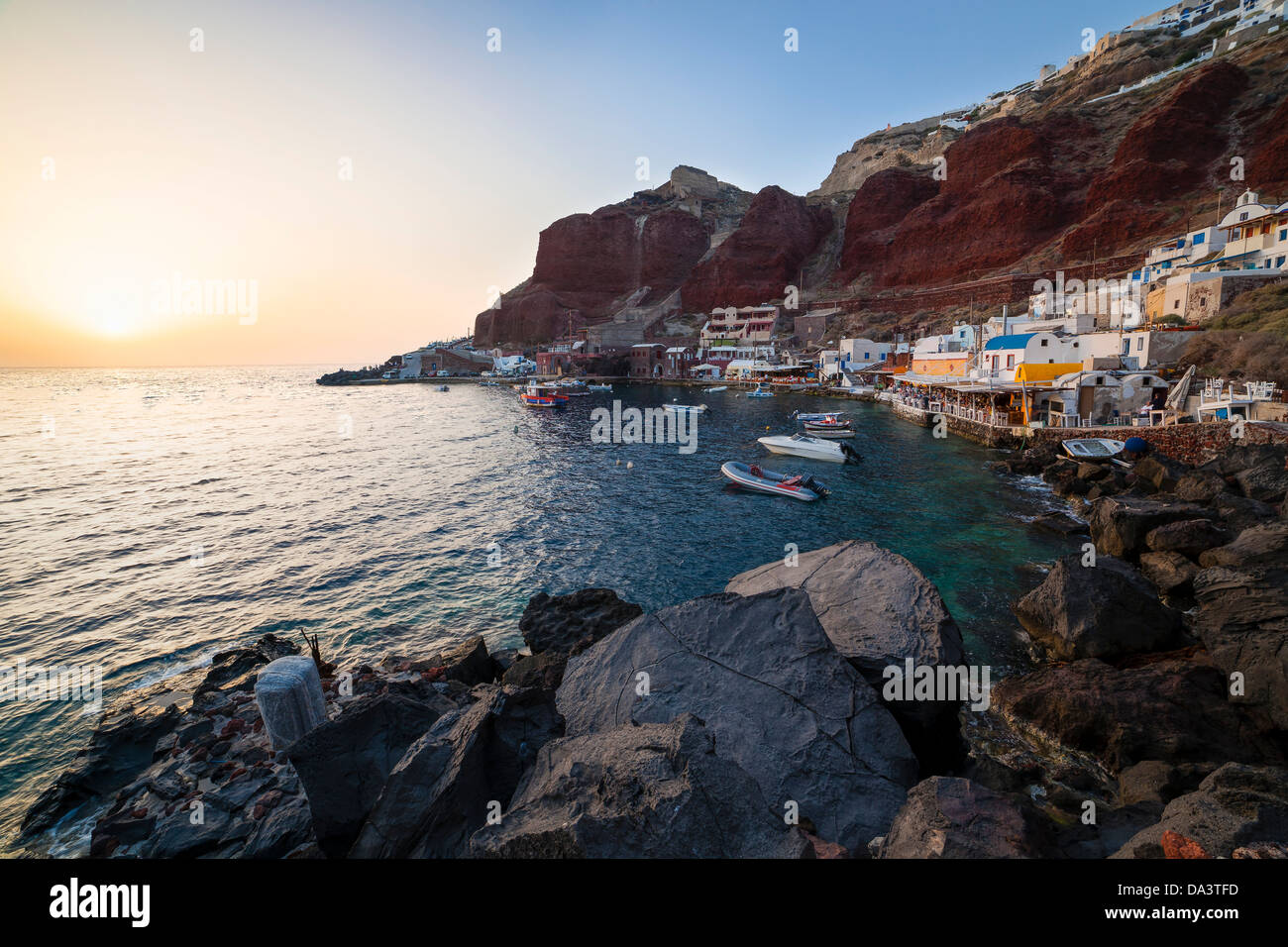 Sunset at Ammoudi Bay Oia Santorini Greece Stock Photo