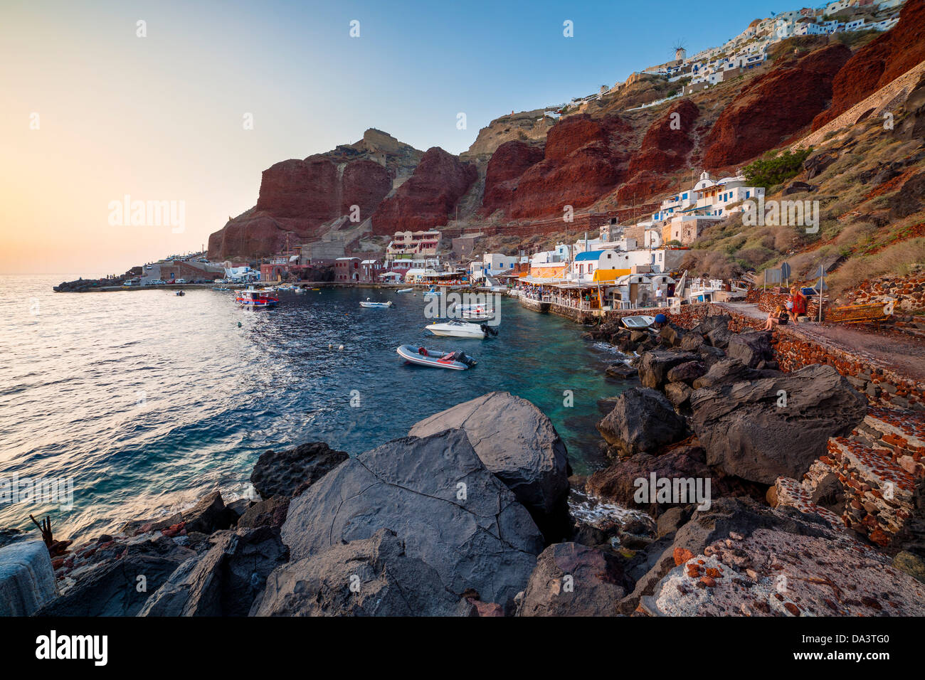 Sunset at Ammoudi Bay Oia Santorini Greece Stock Photo