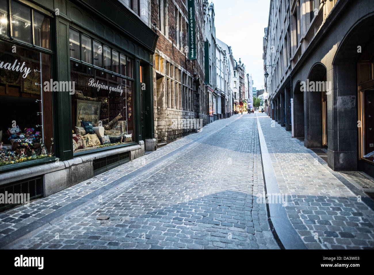 A deserted cobblestone street in the old town section of Lower Town ...