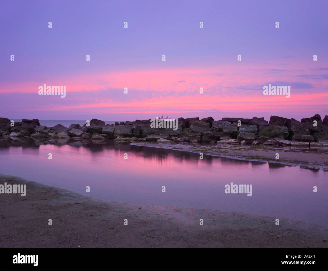 The Ashtabula West Breakwater In The Last Dying Embers Of A Purple Twilight Sunset On Lake Erie