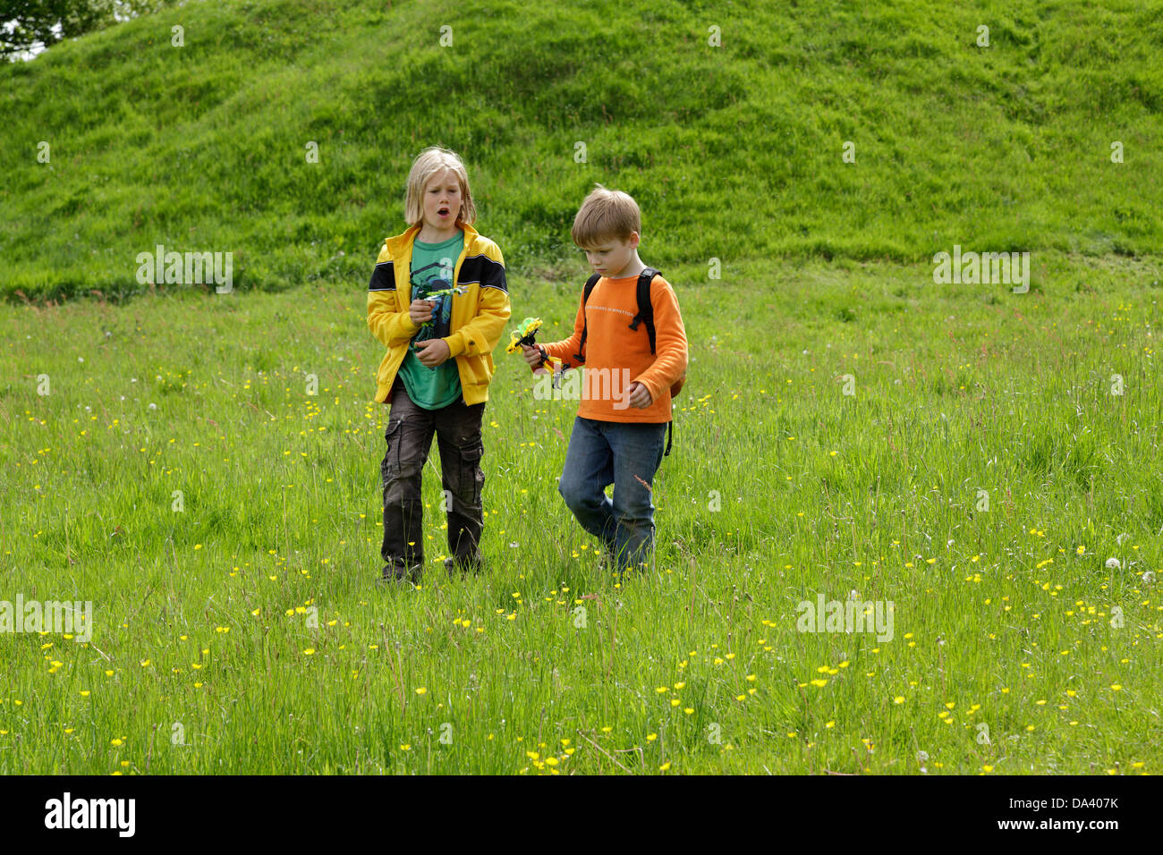 two boys together in a meadow Stock Photo