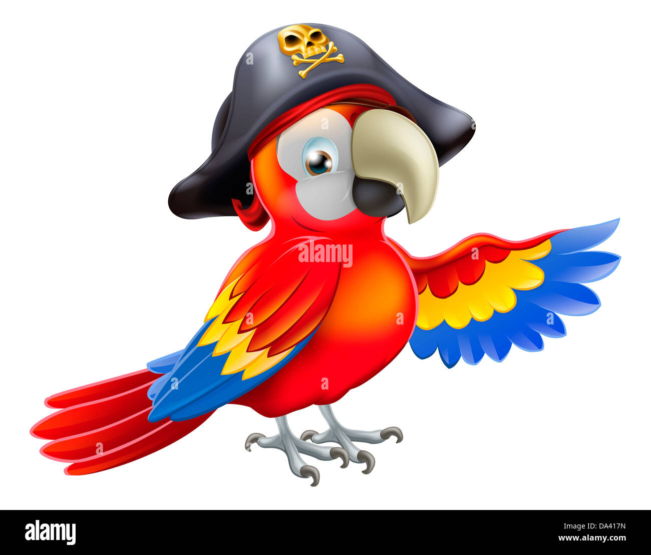 A cartoon pirate parrot character with an eye patch and tricorn hat with skull and cross bones pointing with its wing Stock Photo