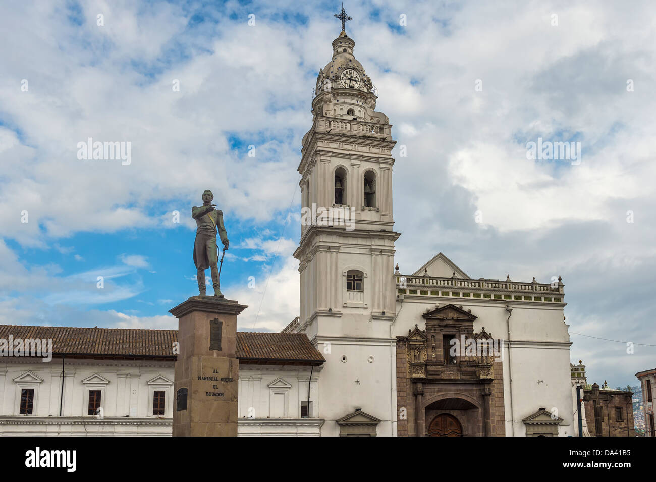 Santo Domingo Church and Army General Antonio Jose de Sucre Statue, Quito Stock Photo