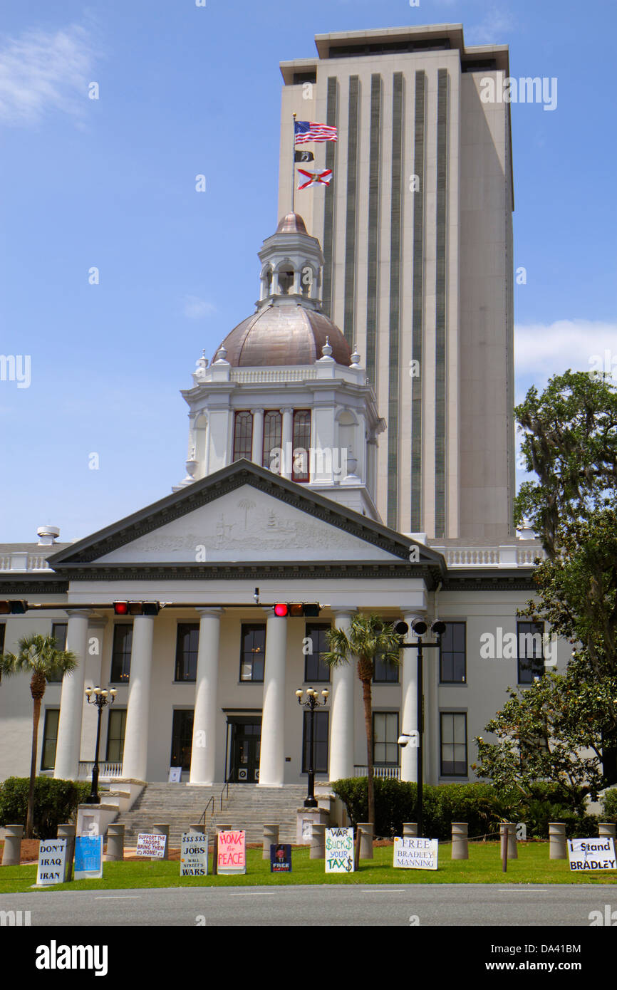 Tallahassee Florida,Florida State Capitol,historic Old Capitol,Classical Revival,museum,building,live oak trees,Spanish moss,signs,protest,war,exterio Stock Photo