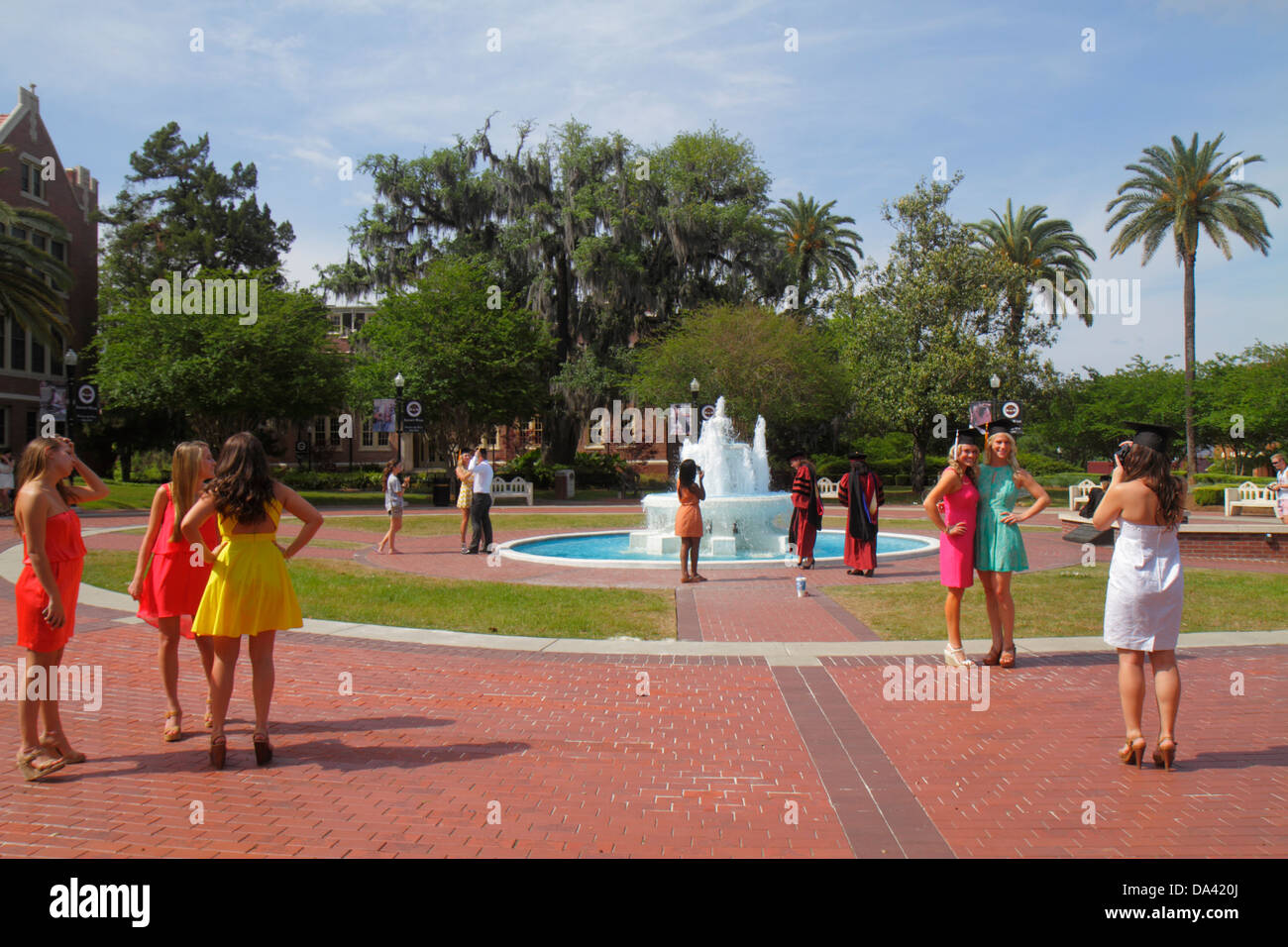 Tallahassee Florida,Florida State University,FSU,campus,school,Wescott Plaza Fountain,student students education pupil pupils,graduating,posing,taking Stock Photo