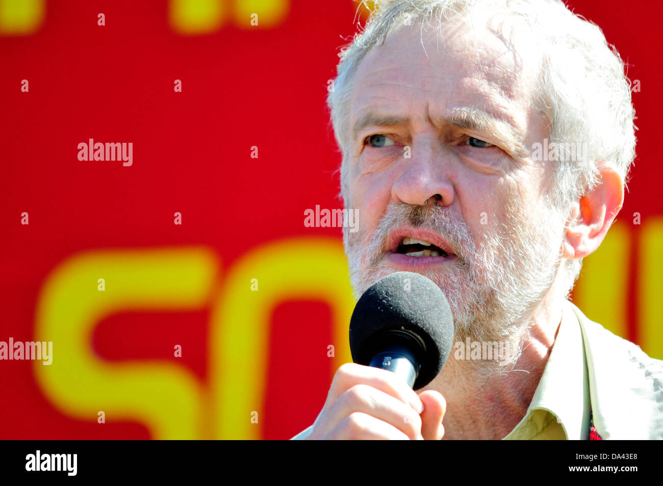 Mayday Demonstration: London, May 1st 2013. Trafalgar Square. Jeremy Corbyn, MP for Islington North Stock Photo