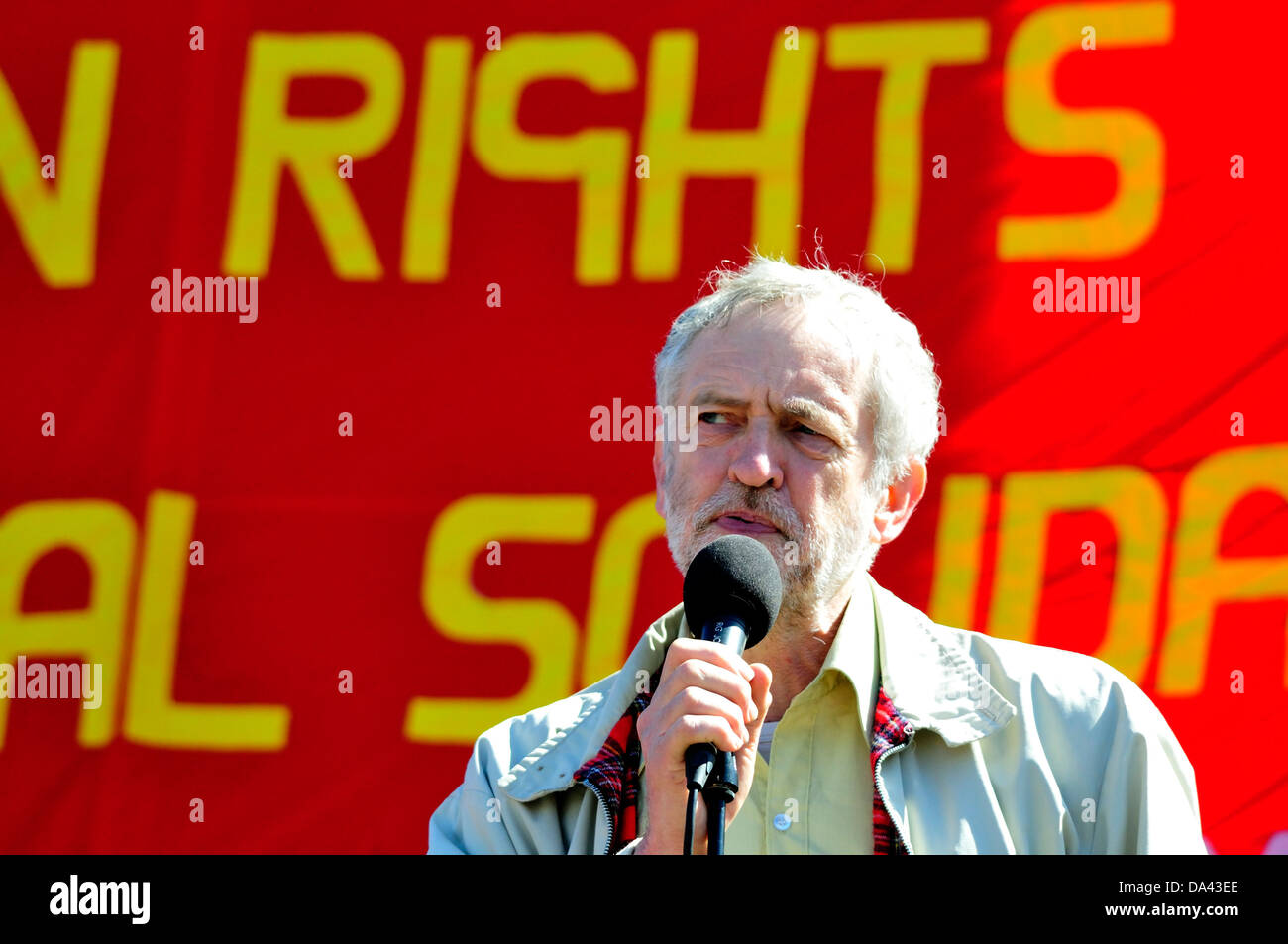 Mayday Demonstration: London, May 1st 2013. Trafalgar Square. Jeremy Corbyn, MP for Islington North Stock Photo