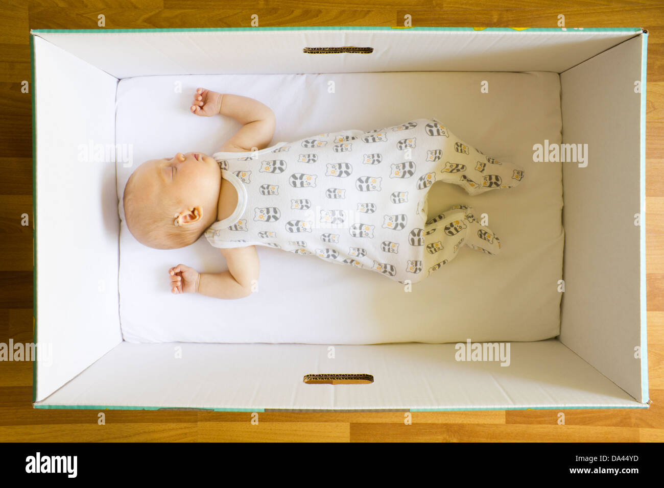 Baby sleeping in a Finnish baby box that government has given to the parents in Finland Stock Photo