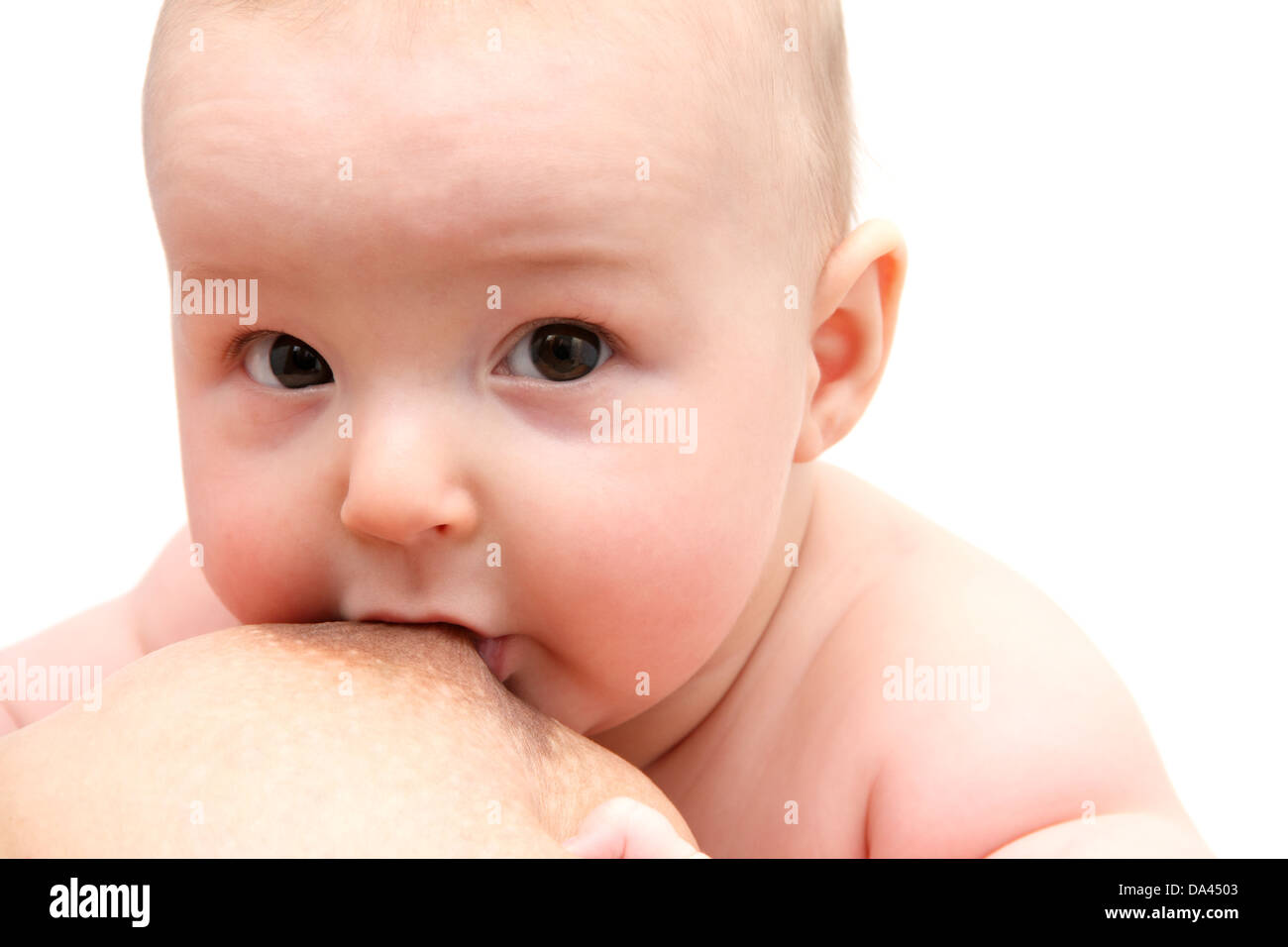 Mother breastfeeding her baby white background Stock Photo