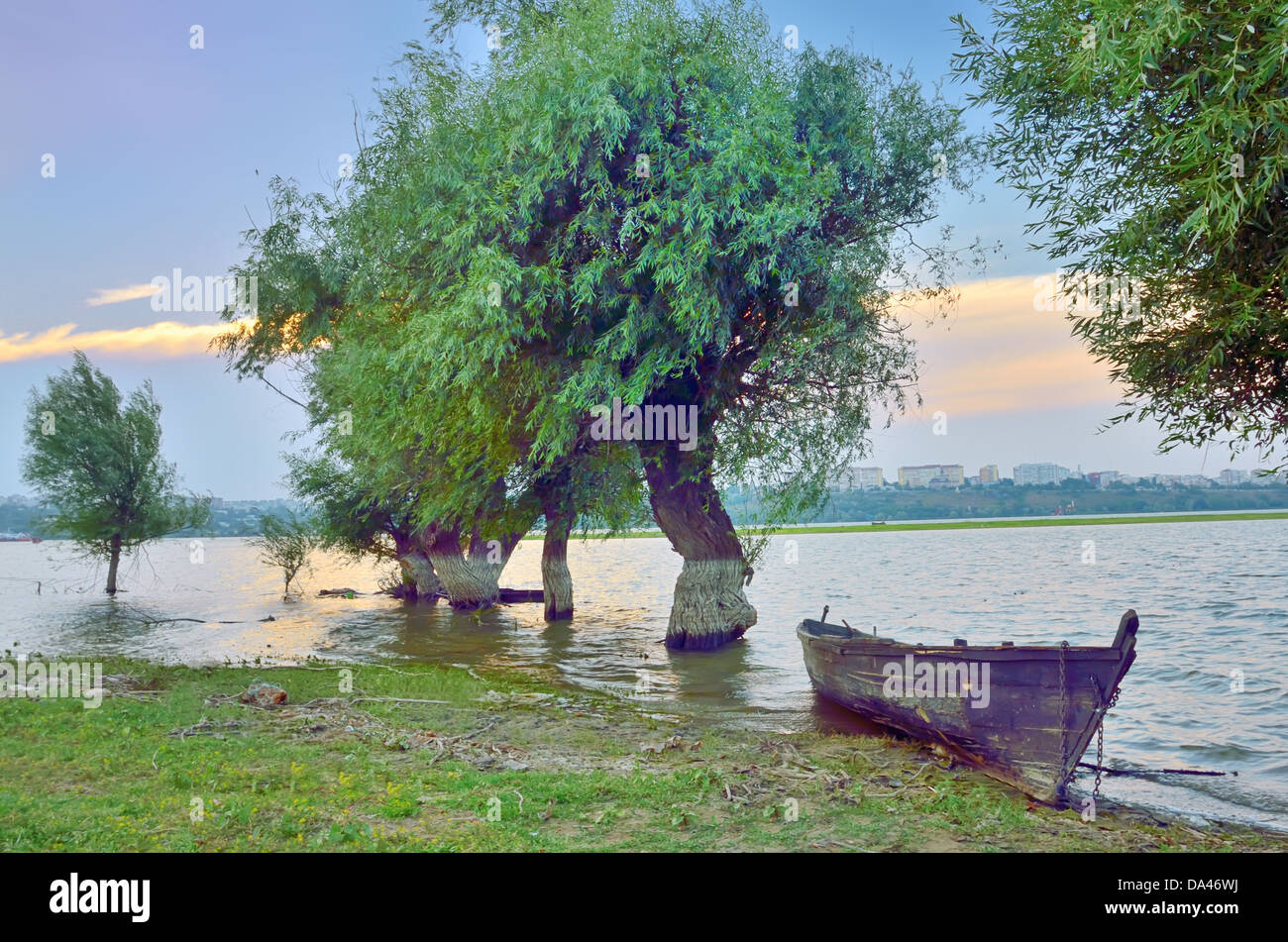 boat on danube river in summer time Stock Photo