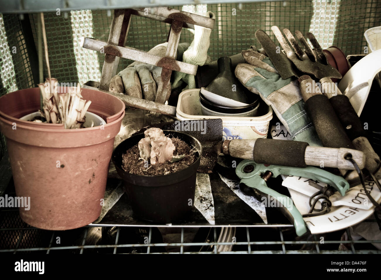 Gardening equipment and tools on shelf Stock Photo Alamy