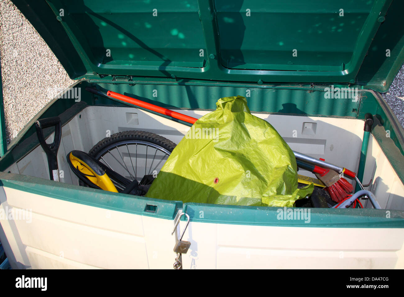 Plastic garden storage box with typical garden and outdoor items Stock  Photo - Alamy
